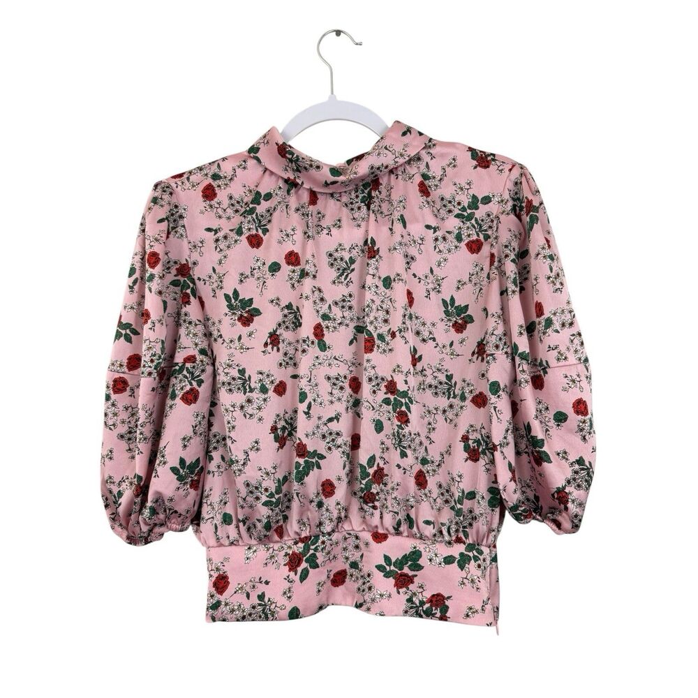 Zara Women Sz XS Pink Floral Rose Print Puff Sleeve Blouse High Neck Top
